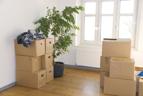Commercial relocation with boxes and furniture prepared for loading